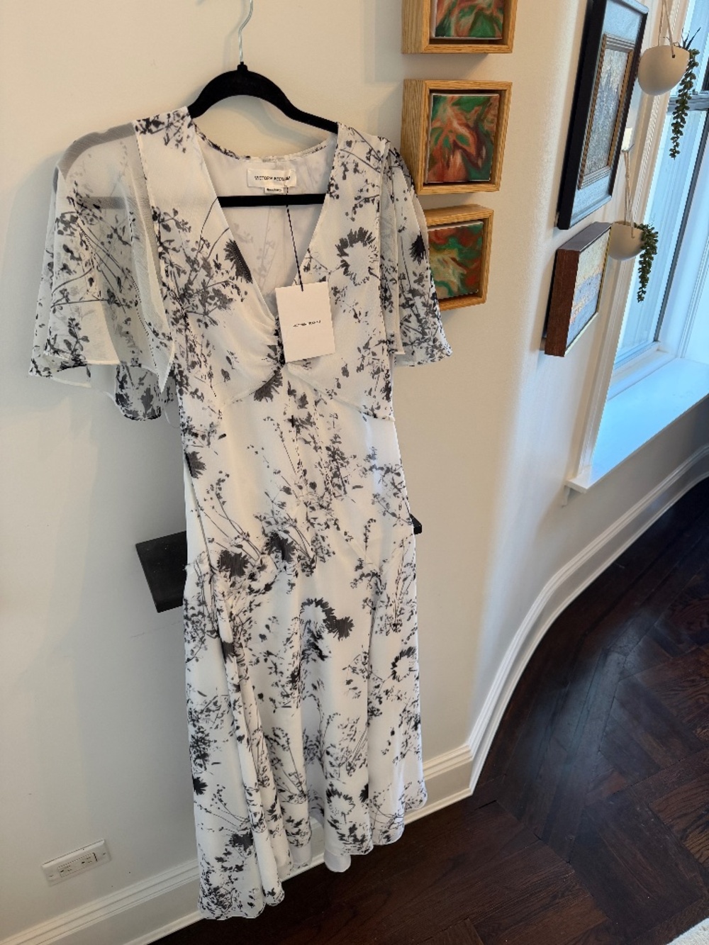 Victoria Beckham Black and White Floaty Floral Godet Midi Dress - RETAIL $1250